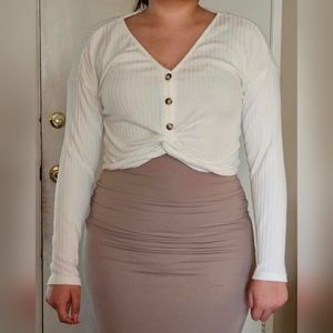 White Rib Long Sleeve Crop Top